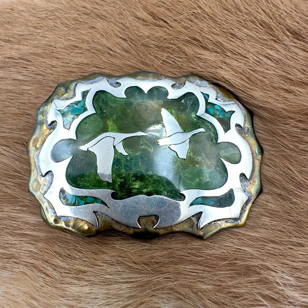 VTG Southwestern Flying Geese Turquoise Chip Inlay Resin Belt Buckle Mosaic